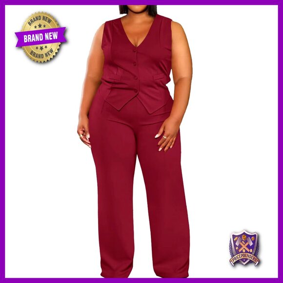 Plus Size 2-Piece Pant Suit Set with Vest Blazer and Wide Leg Pants